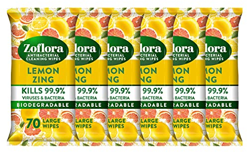 Zoflora Lemon Zing Large Biodegradeable Wipes, Antibacterial Cleaning, 6 x 70 Wipes Pack, Multi-Surface Disinfectant, Removes Odours & Kills 99.9% of Bacteria & Viruses