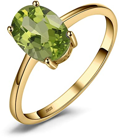 JewelryPalace Class Natural Gemstone Green Peridot Birthstone Solitaire Engagement Rings for Women, Anniversary 14k Yellow Gold Plated 925 Sterling Silver Promise Rings for Her, Jewellery Sets P