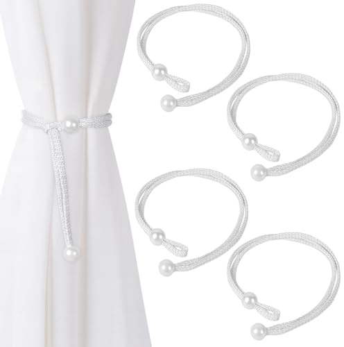 Dalababa 4 Stück Vorhang Raffhalter, Gewebte Gardinenhalter Seil 47cm, Einstellbar Perle Vorhanghalter Raffhalter für Vorhänge, für Wohnzimmer, Schlafzimmer, Café, Büro Deko (Weiß)