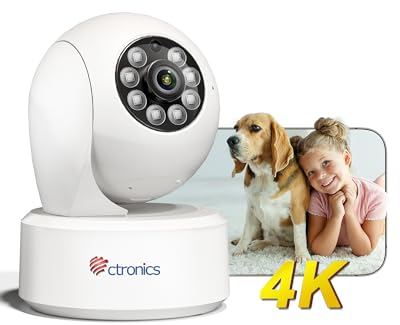Ctronics 4K 8MP Intérieure Surveillance Caméra, 2,4/5GHz Wi-FI, Suivi Automatique, Détection Intelligente de Personne/Animaux, App/PC, Cloud et Stockage sur 256GB Carte TF