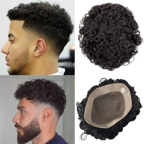 Ehairc Toupee for Men Mono Lace with PU Around Kinky Curly Human Hair System Mens Wig Male Hair Replacement Mens Toupee (15mm 1B（Natural Black）,5 * 7)