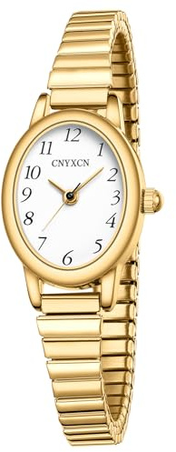 CNYXCN Gold Watches for Women, Easy Reading Analog Watch with Stainless Steel Expansion Band, Water Resistant（5.90in-6.69in）