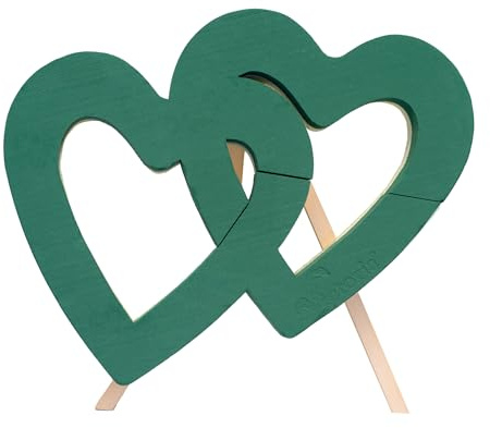 Våt skumhjärtan 54 x 38 x 7 cm öppen med trästativ H 45 cm – för professionella blomster och hobbyhobbyhantverkare – färska blommor sticksvamp – blomstickmassa – blomtillbehör och blombehov – grön