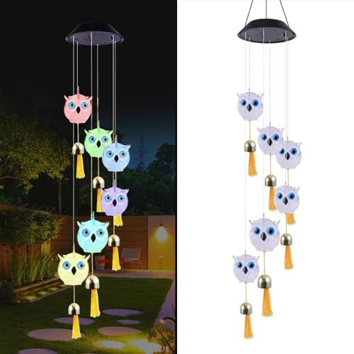 YZYOE Carino gufo solare vento campana luce decorativa,Animale vento campane con campane, Un regalo per gli amici con luci decorative all'aperto colorate a LED mobili.