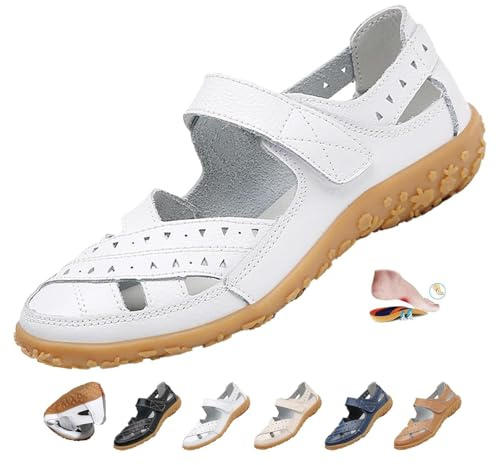 MAOAEAD Sandalias ortopédicas de punta cerrada para mujer, de cuero, tejidas, cómodas, suaves, para trabajo y vestir, antideslizantes, para caminar, White, 44 EU