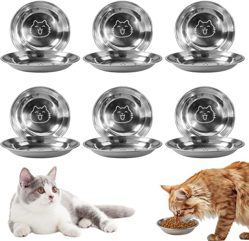 kelav 6 Pièces Gamelle pour Chat 14cm en Acier Inoxydable avec Motif au Fond, Bord Lisse et Lavable Lave-Vaisselle, pour Chat Chien et Petit Animal