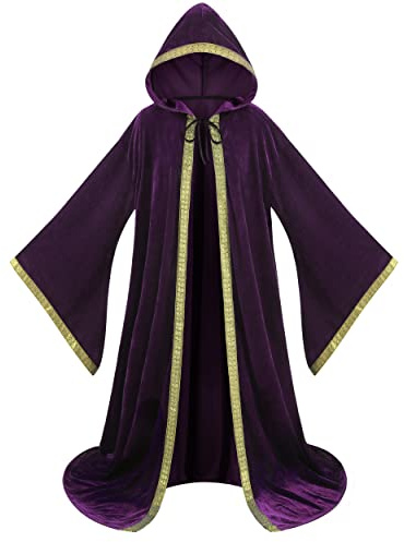 Manteau Mystérieux Renaissance Halloween, Velours Hollandais, Robe de Magicien Déguisé Bal et Saint Patrick Costume de Magicien Manches évasées Chevalier Médiéval Cape à Capuche(Violet 160CM)