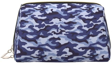 GVYGVY Bolsa de maquillaje de viaje grande – Bolsa de cosméticos de piel de PVC con estampado azul camuflaje para mujer con cremallera, bolsa de maquillaje portátil resistente al agua para el cuidado