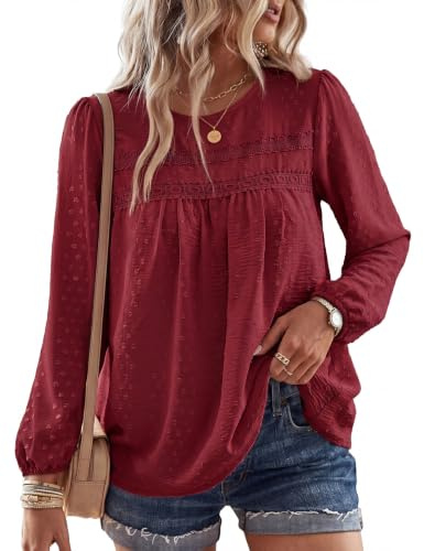 Fashora Chemisier Femme Blouse Col Rond Tee Shirt Manche Longue Dentelle Haut Top Chic et Élégant Tops Lâche Fluide Blouse Automne Tunique (Bordeaux, L)