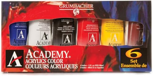 Grumbacher Academy Acrylic Paint, Gloss, 90ml/3 oz Metal Tube, 6-Color Mixing Set (C1026)
