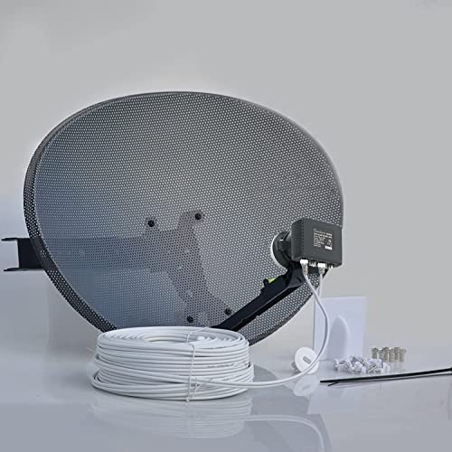 SSL Satellites Freesat HDR Satellite Dish DIY Self Installation Kit, Latest Dish with Quad LNB, Twin White Coax Cable, All necessary Brackets, Bolts and SATELLITE FINDER (50 Meter Kit, White)