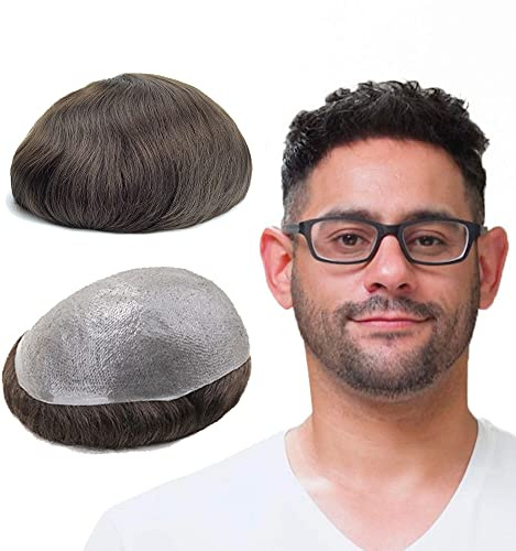 Lordhair Hair System for Men with Human Hair 8x10 inch Hairpiece for Men 0.06mm Super Thin Skin Mens Hair System All V-looped Mens Toupee Dark Brown #2