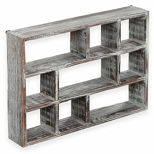 MyGift 9 Compartment Rustic Torched Solid Wood Shadow Box, Wall Mountable Curio Display Case, Freestanding or Floating Shelf for Collectible Figurines, Succulents