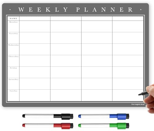 TMS A3 Magnetic Weekly Planner and Whiteboard, Fridge Memo Board for Meal Planning, Family or Business Tasks - with 4 Dry Wipe Pens (Classic Grey, A3)