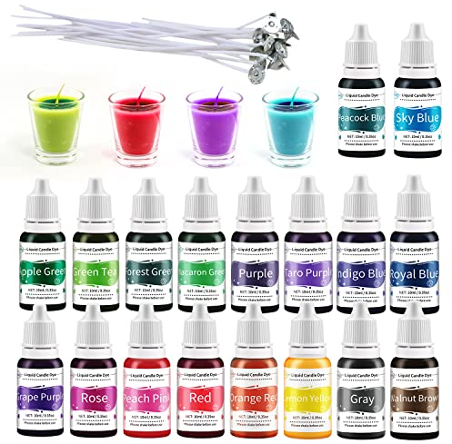 Retazly Kerzenwachs Farbe, 18 Farben flüssiger Kerzenwachs Farbstoff für Kerzenherstellung, Wachsfarben Zubehör Mit 18 Dochte für Sojawachs/Bienenwachs/Paraffinwachs/Gelwachs-10ml