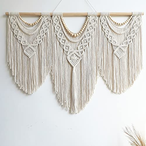 guzhiou large macrame wall hanging - Boho Tapestry Macrame Wall Decor Art- Chic Bohemian Handmade Woven Tapestry Home Decoration for Bedroom Living Room Apartment Wedding Party - 43x32 (Wood bead)