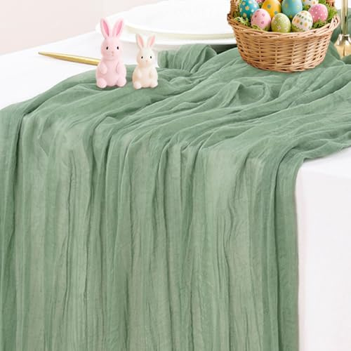 Socomi Sage Green Cheesecloth Table Runner Summer Boho Rustic Farmhouse Gauze 120 inch 10FT Cheese Cloth Sheer Runner for Wedding Party Baby Shower Birthday Home Decor Holiday Decorations