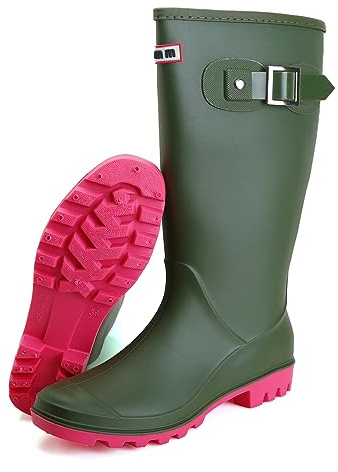 Jesindr Botas de agua para mujer, elegantes, hasta la rodilla, antideslizantes, impermeables, para trabajo al aire libre, zapatos de jardín de pantorrilla ancha, Green, 36.5 EU