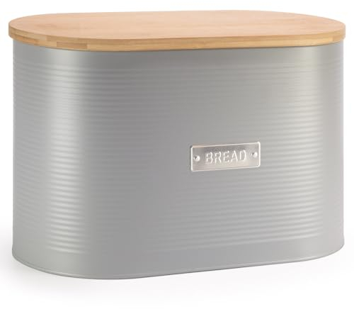 EHC Space Saving Extra Large Bread Box Bin With Wood Lid For Kitchen Storage, Grey, 8 L, L 34 x W18 x H21cm