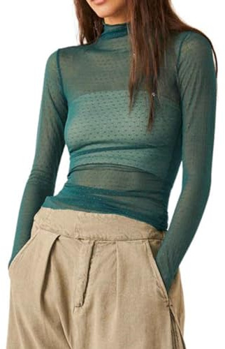 Caziffer Women's Lace Layering Top Long Sleeve Sheer Mesh Mock Neck Undershirt Y2K Lace Floral Tops See Through Shirt Blouse