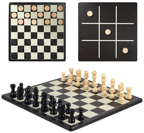 Decoded Games Chess and Droughts - 3-in-1 Chess, Draughts and Tic-Tac-Toe – Wooden Set, Double-Sided 28cm Game Board – Fun Family Games for Adults and Kids – Ideal for All Ages