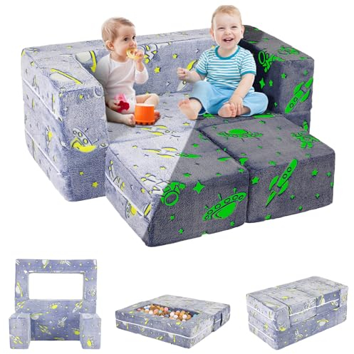 Kindersofa Ausklappbar, 2-in-1 Kleinkinder Schlafsofa, Kindersessel mit Schlaffunktion, Mini Couch für Kuschelecke Kinderzimmer, Fancy Spielsofa für Mädchen und Jungen, im Dunkeln leuchten (Lila)