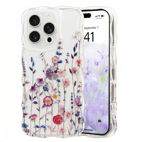 Micoden Cute Curly Wave Case for iPhone 16 Pro Max,Clear with Anti-Yellowing Flower Floral,Soft TPU Slim Bumper Shockproof Anti-Scratch Protective Wavy Cover for Girls Women-Colorful