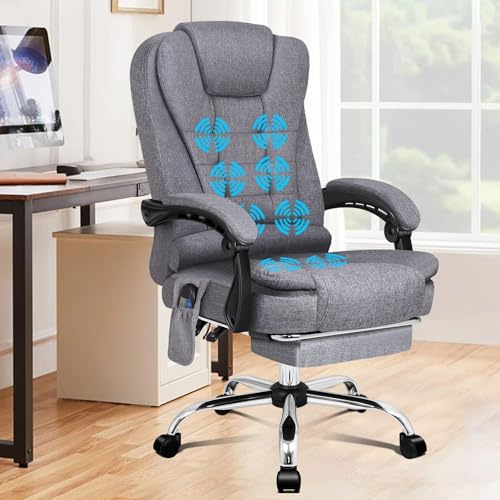 ALFORDSON Kontorsstol med massagefunktion, ergonomisk design med stor sittstoppning, ländryggsstöd, hjul, för smidig rörlighet på kontoret, stengrå, linnetyg