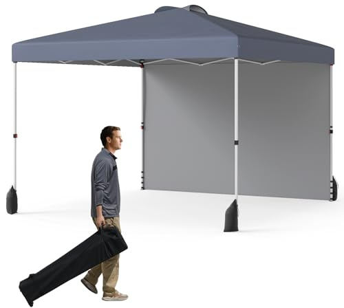 GOPLUS 3x3 M Carpa Pop up con 1 Pared Lateral, Cenador de Jardín Desmontable al Aire Libre con Bolsa de Ruedas, 4 Sacos de Arena, 4 Cuerdas, 4 Anclajes, 8 Estacas, Pabellón para Fiestas (Gris)