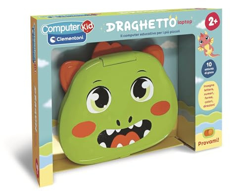 Clementoni - Computer Kid Draghetto Laptop Educativo Bambini 2+ Anni, 10 attività, Gioco Elettronico per Imparare Lettere, Numeri, Forme, Colori e Melodie, Batterie Incluse, Lingua Italiana, 16488