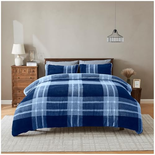 GC GAVENO CAVAILIA Luxury Fleece Duvet Cover with Pillowcases - Geometric Double Bedding Set - Soft, Warm Winter Teddy Duvet Set - Easy Care Comforter Bed Linen Double - (200x200 cm), Navy