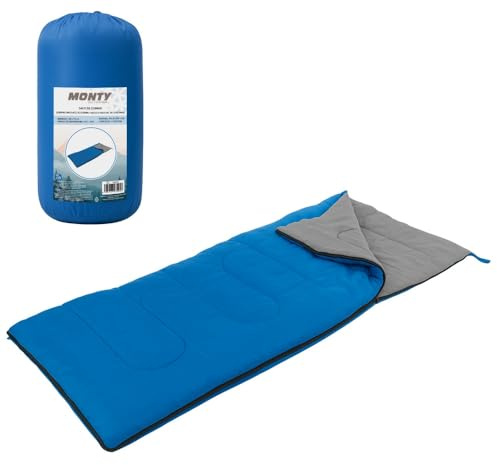 MONTY Saco de Dormir para Adulto de 190x75 cm en Color Azul. 3 Estaciones. Relleno de Fibra Hueca de 800 gr, para temperaturas mínimas de 15 Grados. con Cremallera Lateral y Bolsa de guardado.