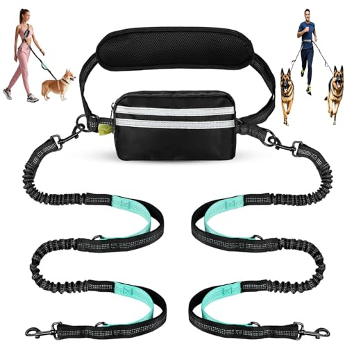 Tiesenci Dubbel Hundkoppel Handsfree Ryckfri Bungee Svart/Blå Stora Hundar | Midja/crossbody för promenad/löpning, förvaringsficka, reflekterande, 2 vadderade handtag