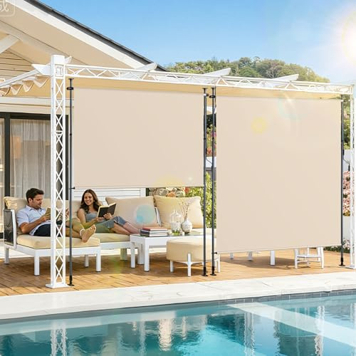 Vkechh Klemmmarkis Senkrechtmarkise ohne Bohren & höhenverstellbar, 120 * 305cm, Balkonrollo mit Kurbel, UV-Schutz 50+ & wasserfest, Balkonmarkise für Terrasse & Garten, 180g Polyester-PU (Beige)