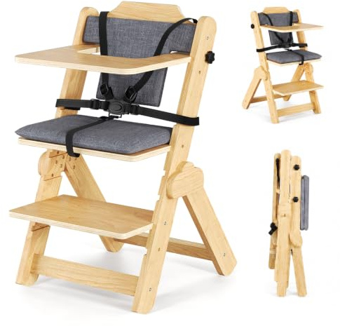 Chaise Haute Bébé Evolutive, 2 in 1 Chaise Haute Bois en Hêtre Massif, Chaises Hautes Évolutive Avec Harnais 5 Points Réglable, Enfant Ergonomique, Plateau Amovible, Pour Bébé À Partir De 6+ Mois