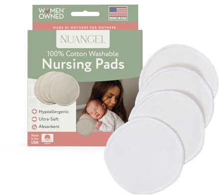 NuAngel 100% Cotton Washable Nursing Pads for Breastfeeding, Reusable & Breathable Leak Protection – 8 Pack (Natural)