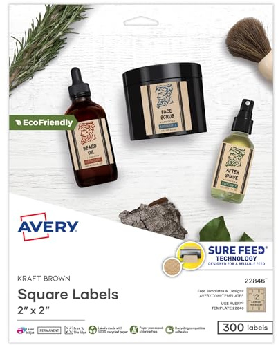 Avery Kraft Brown Square Labels with Sure Feed Technology, 2 x 2, Print to the Edge, Laser/Inkjet Printable Labels, 300 Total (22846)
