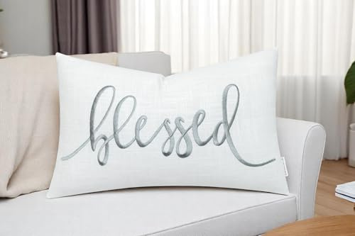 EURASIA DECOR Blessed Lumbar Pillow Cover 12x20 – Ivory Cotton Embroidered Throw Cushion – Christian Inspirational Faith Gift