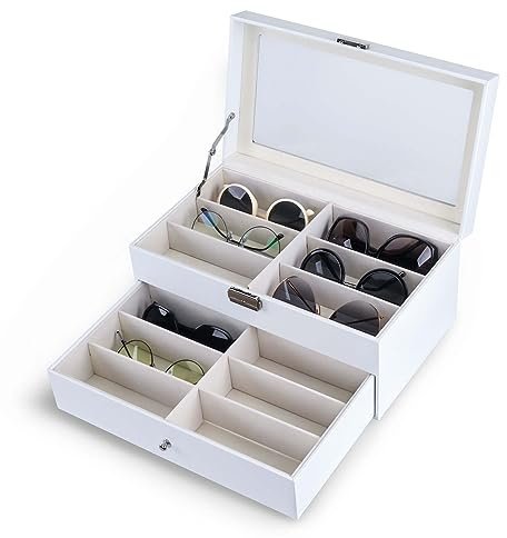 Goetland PU cuero sintético gafas organizador Sunglass caso Storge pantalla blanco 12 compartimentos