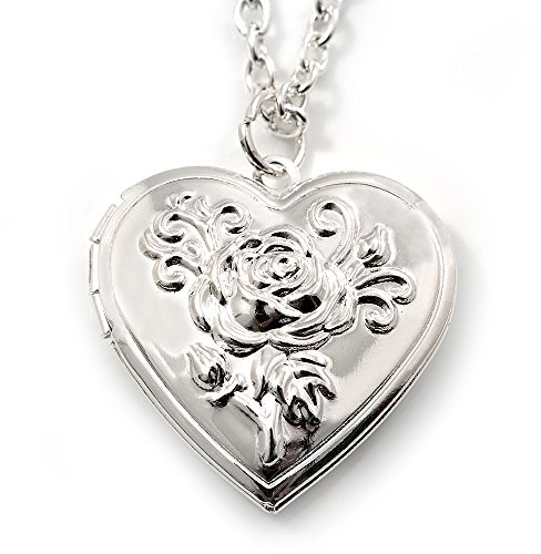 Avalaya Medium hjärta med rosa motiv medaljong hängsmycke smycke, silverton, 44 cm L/6 cm ext