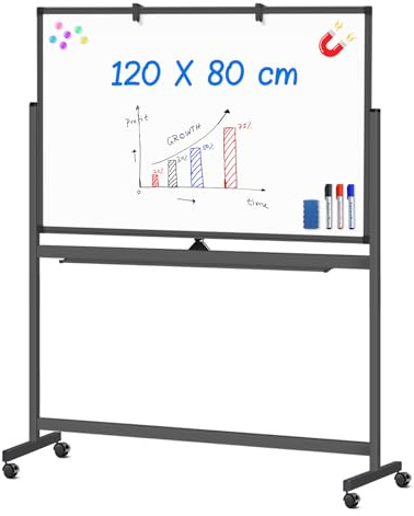 maxtek Mobiles Whiteboard, 120 x 80 cm Doppelseitiges Whiteboard mit Ständer, Magnetische, Aluminiumrahmen - mit Stifte, Schwämme, Magnete
