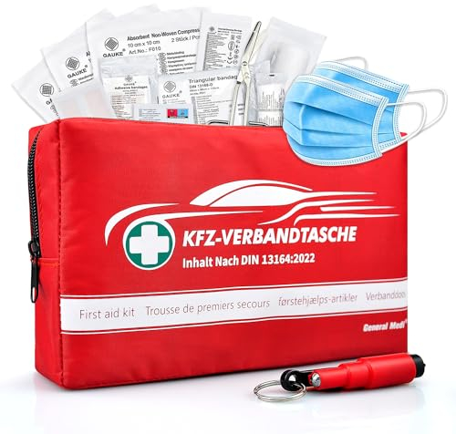 General Medi Erste Hilfe Set - Premium Verbandtasche für Auto, KFZ - Inhalt DIN 13164 (Rot)