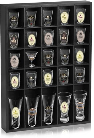 DARCKLE Shot Glass Display Case for Wall, Wood Holds Set of 30 Glasses Shot Glass Holder Display Shelf, 17'' x 12''-3'' x 2'' (Black, 1PCS)