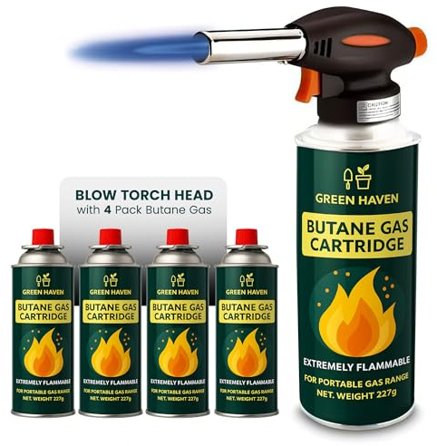 GREEN HAVEN Culinary Kitchen Blow Torch – Refillable Blow Torch with Safety Lock & Adjustable Flame | One-Handed Operation Fit All Butane Tanks for Desserts, Creme Brulee, BBQ, Baking