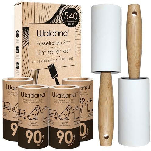 Waldana Rotolo di lanugine – 6 rotoli da 90 fogli (540 fogli) con 2 manici in bambù – Rullo per capelli di animali domestici – Rullo per capelli di animali