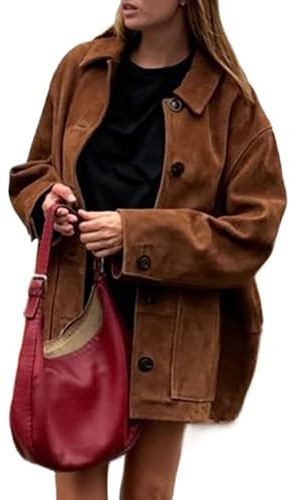 TOSHIKII Blazer de ante moderno para mujer, con cuello de solapa, de gamuza, de gran tamaño, estilo retro, con bolsillos, 2, M