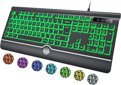 Large Print Backlit Computer Keyboard, 7-Color Backlit Key board with Wrist Rest, USB Plug-and-Play, Oversize Letters Keys Easy to See and Type, Wired Light Up Keyboard for Laptop, PC, Gaming (Large)