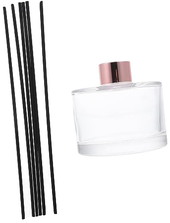 BAZEITFLOW Roséguld glas aromaterapi parfymflaska med cylinder svarta rottingpinnar för bil och hem luftrenande påfyllningsbar arombehållare för fräschare vardagsrum sovrum arbetsrum och