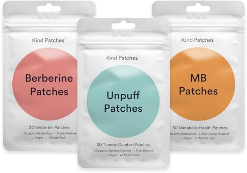 Kind Patches | Berberine, Unpuff and MB Patches | Metabolic Trio Bundle | Digestive Comfort Support | Berberine, Vitamin B, Dandelion, Ginger, Citrus & Green Tea | 90 Patches, 1 Month Supply