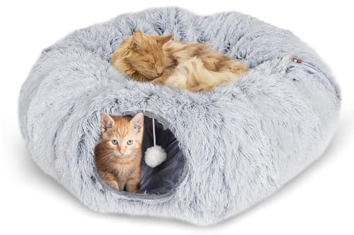 CALIYO Cat Bed, Cat Cave Plush, Cat Tunnel with Fur Ball, Cat Tunnel Foldable Cat Tunnel with Sleeping Area, Washable, Tunnel for Cats Expand Tunnel Diameter to 26 cm